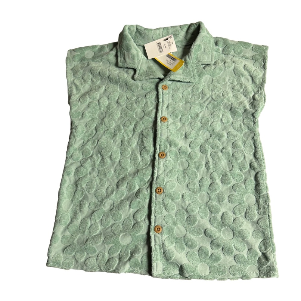 Cotton On Kids‎ Zoe Terry Shirt Green Floral Sleeveless Button Up Size 11-12